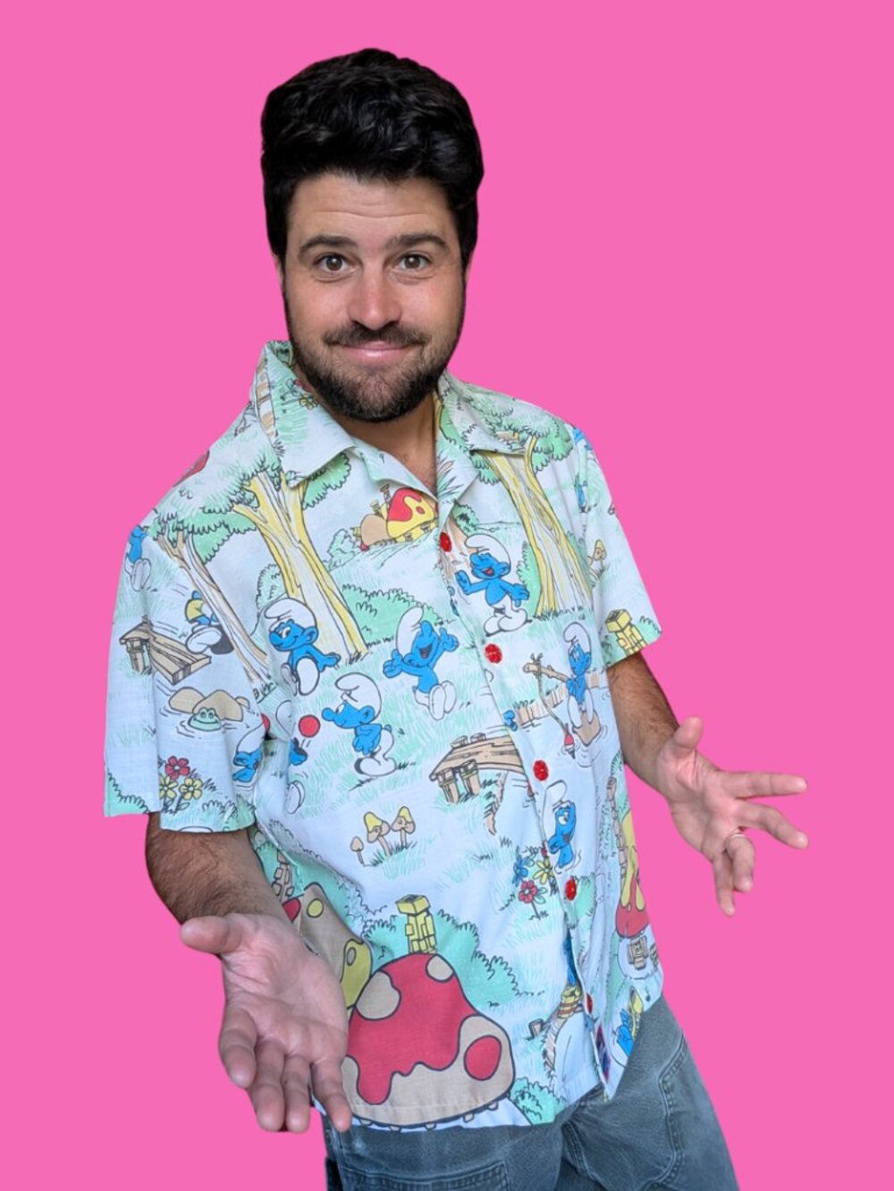 Handmade, Upcycled The Smurfs Bedsheet Button Down Shirt Size S